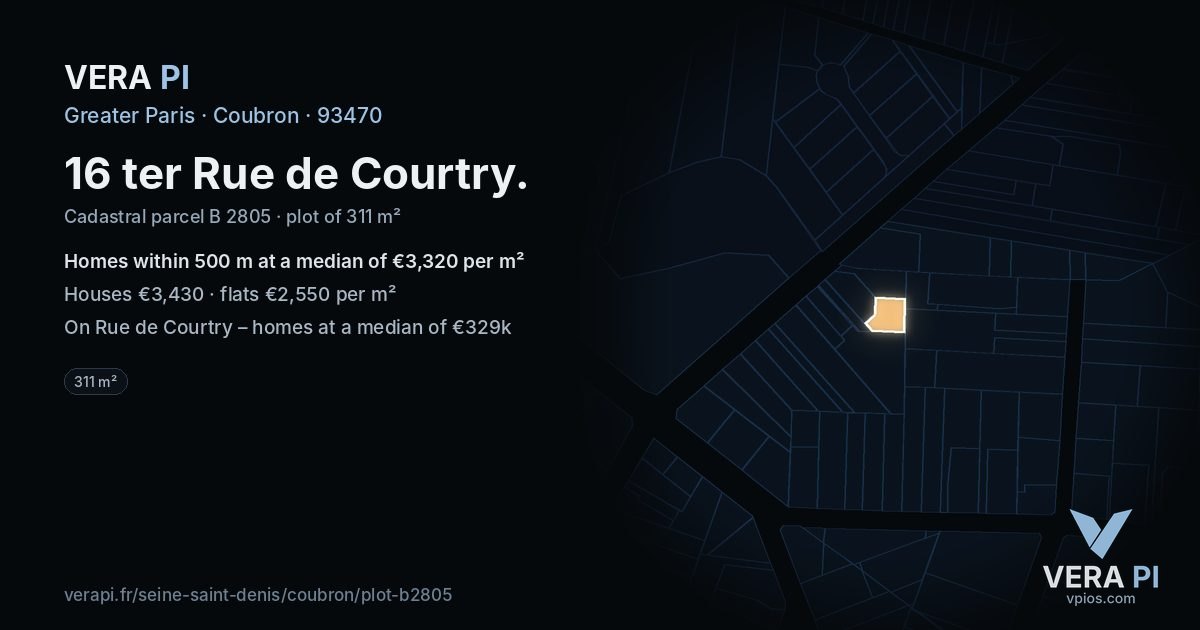 16 ter Rue de Courtry, Coubron at night – the plot lit, the parcels around coloured by the prices near them