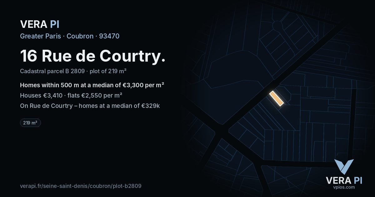 16 Rue de Courtry, Coubron at night – the plot lit, the parcels around coloured by the prices near them