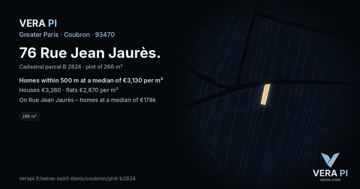 76 Rue Jean Jaurès, Coubron at night – the plot lit, the parcels around coloured by the prices near them