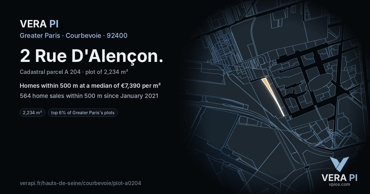 2 Rue D'Alençon, Courbevoie at night – the plot lit, the parcels around coloured by the prices near them