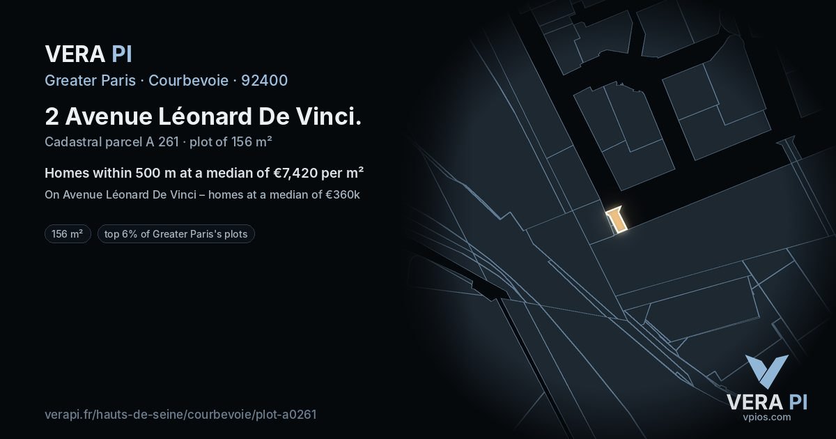 2 Avenue Léonard De Vinci, Courbevoie at night – the plot lit, the parcels around coloured by the prices near them