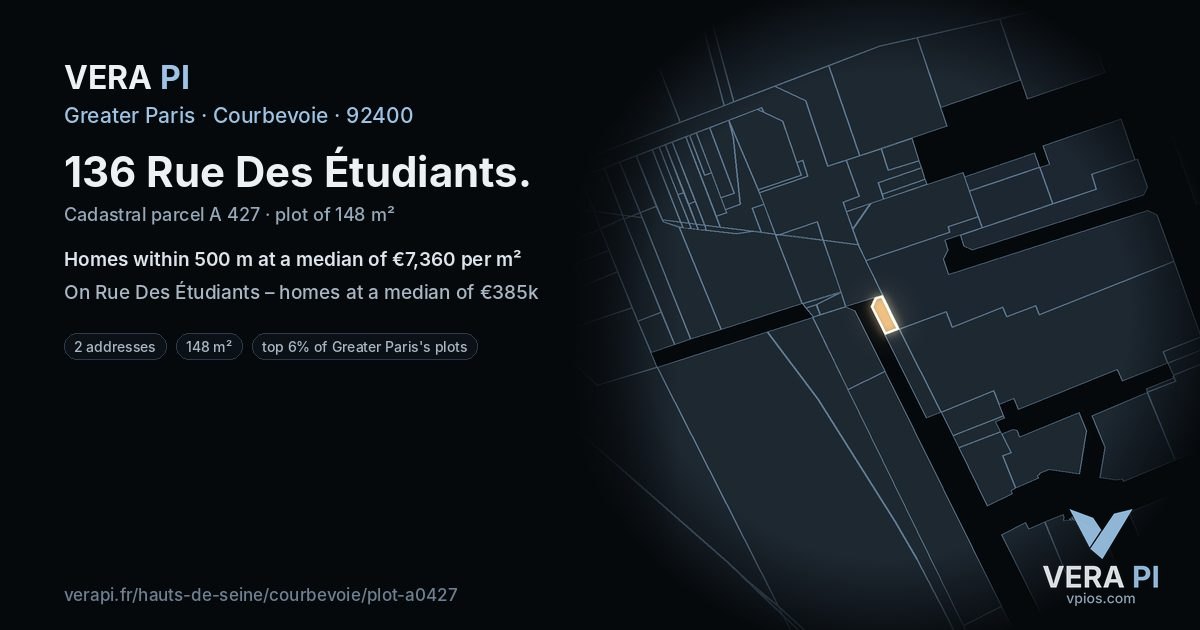 136 Rue Des Étudiants, Courbevoie at night – the plot lit, the parcels around coloured by the prices near them