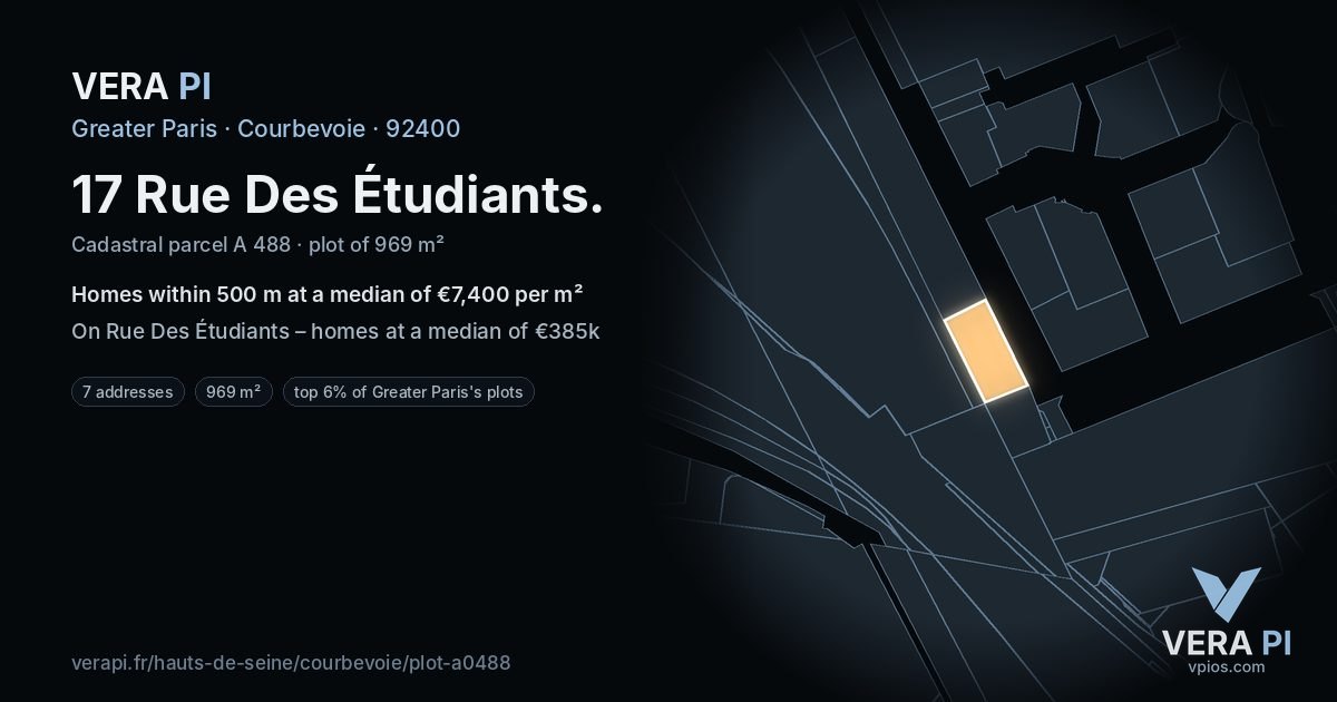 17 Rue Des Étudiants, Courbevoie at night – the plot lit, the parcels around coloured by the prices near them