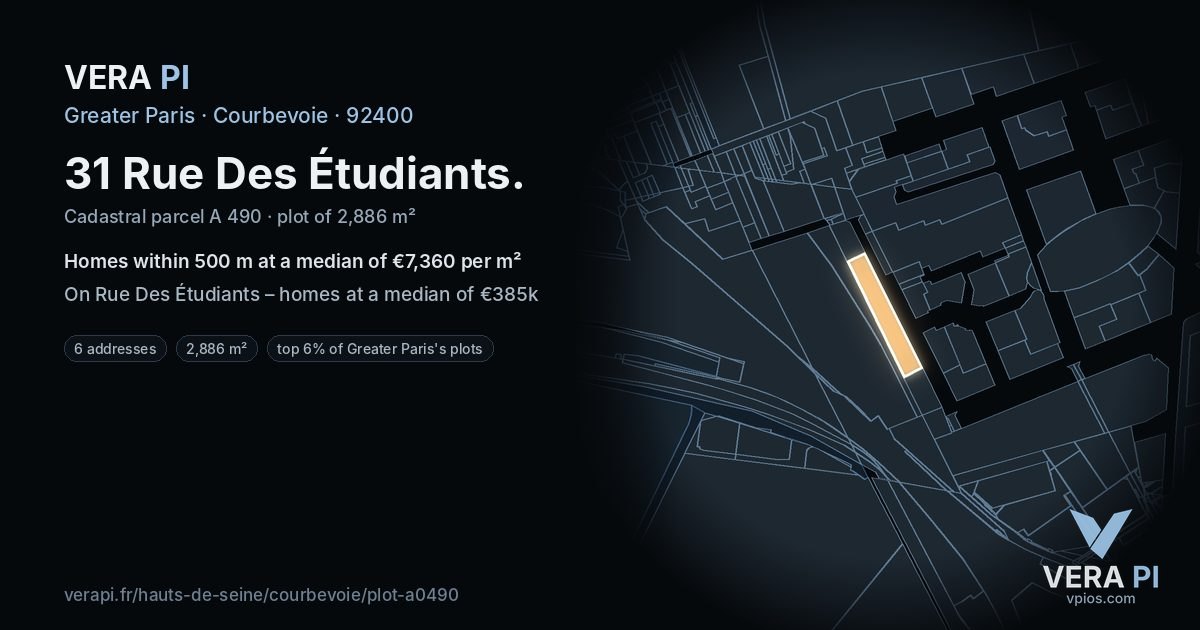 31 Rue Des Étudiants, Courbevoie at night – the plot lit, the parcels around coloured by the prices near them