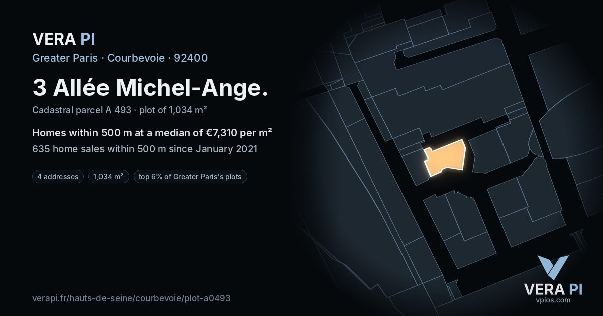 3 Allée Michel-Ange, Courbevoie at night – the plot lit, the parcels around coloured by the prices near them