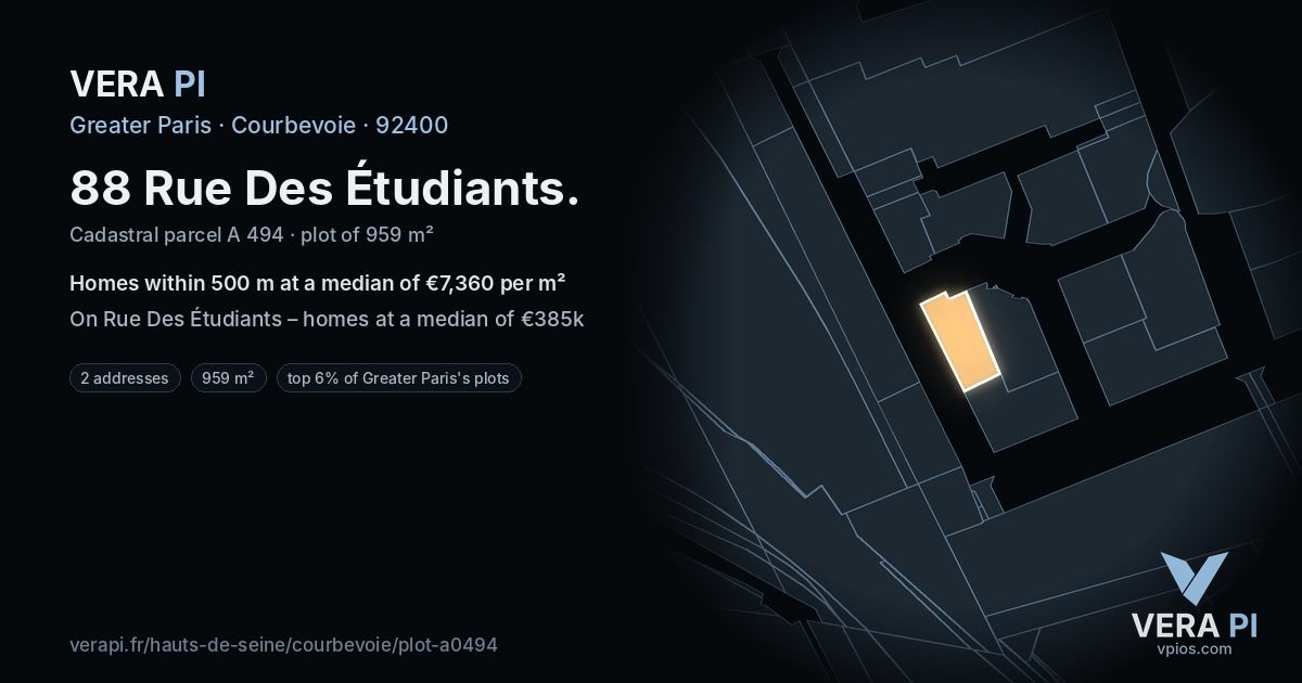 88 Rue Des Étudiants, Courbevoie at night – the plot lit, the parcels around coloured by the prices near them