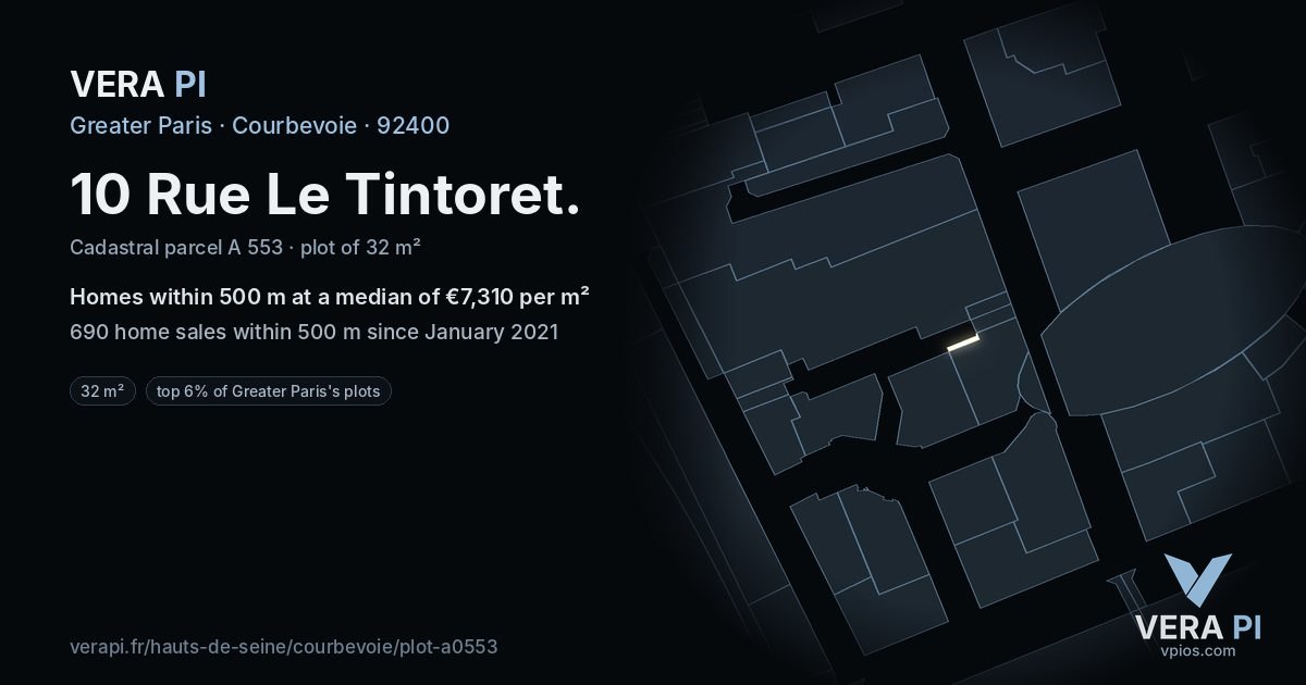 10 Rue Le Tintoret, Courbevoie at night – the plot lit, the parcels around coloured by the prices near them