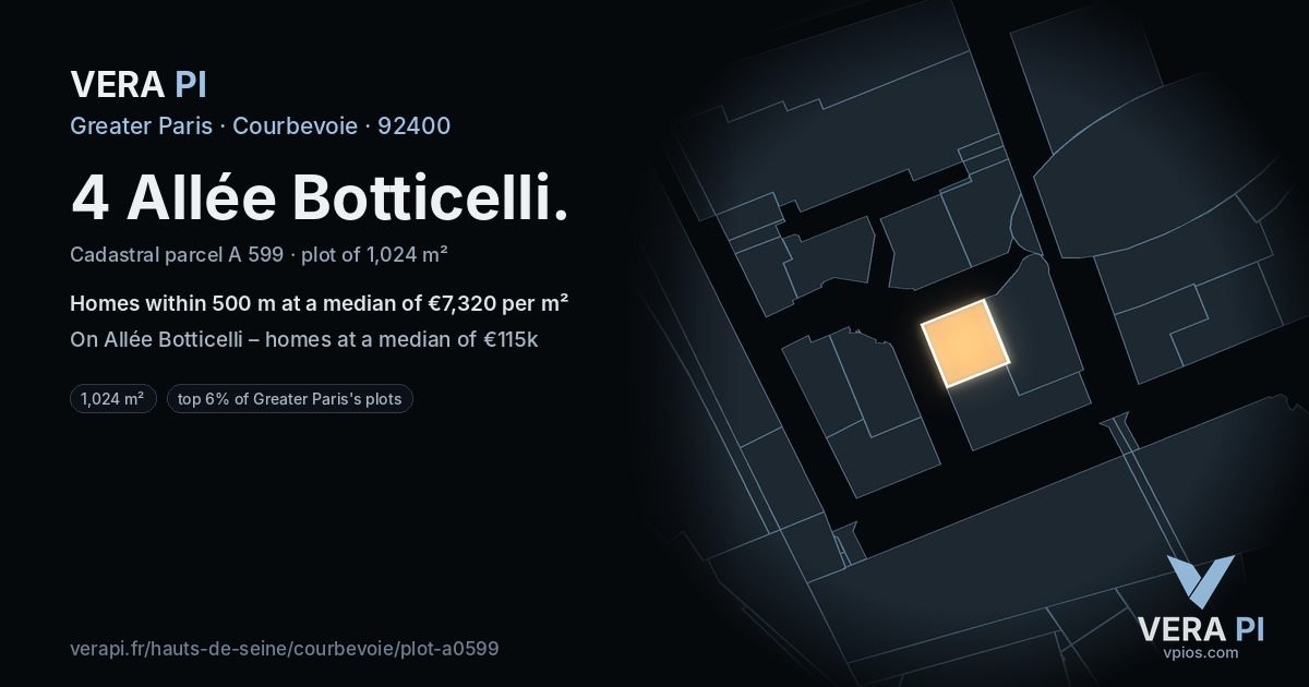 4 Allée Botticelli, Courbevoie at night – the plot lit, the parcels around coloured by the prices near them
