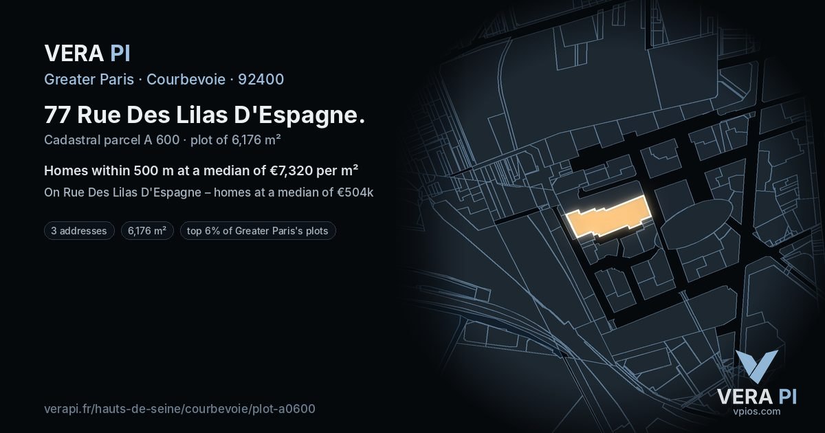 77 Rue Des Lilas D'Espagne, Courbevoie at night – the plot lit, the parcels around coloured by the prices near them