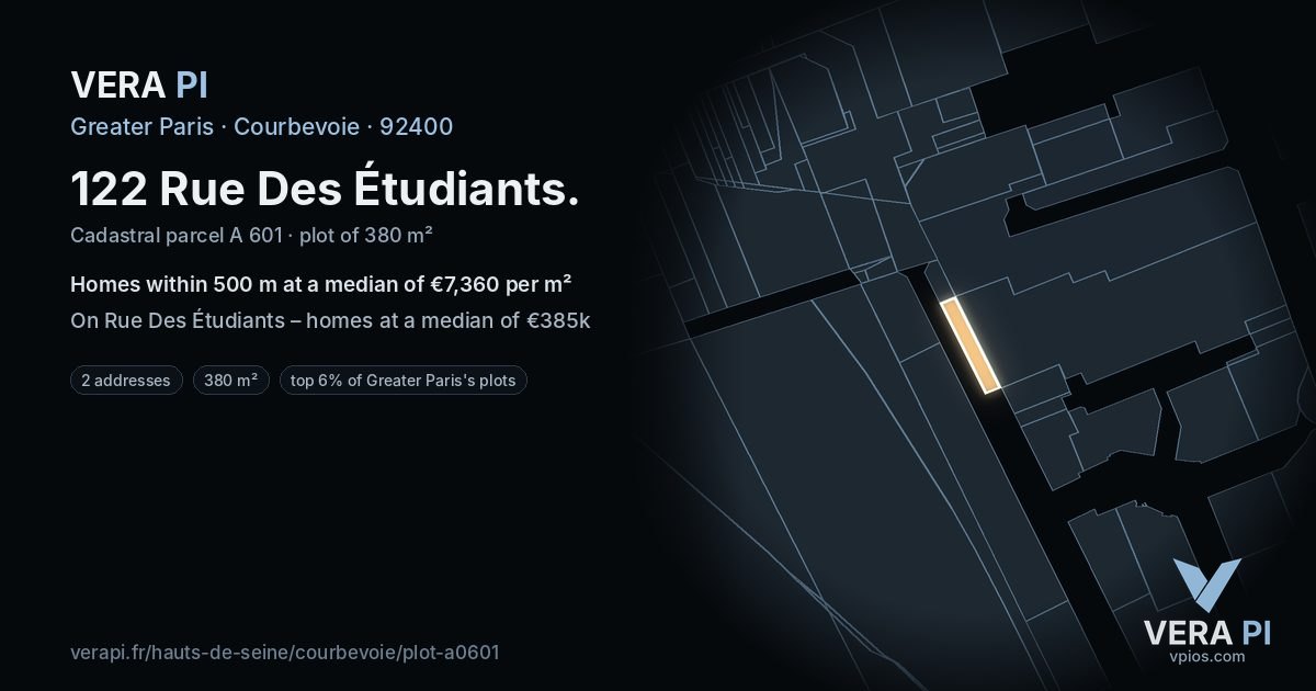 122 Rue Des Étudiants, Courbevoie at night – the plot lit, the parcels around coloured by the prices near them