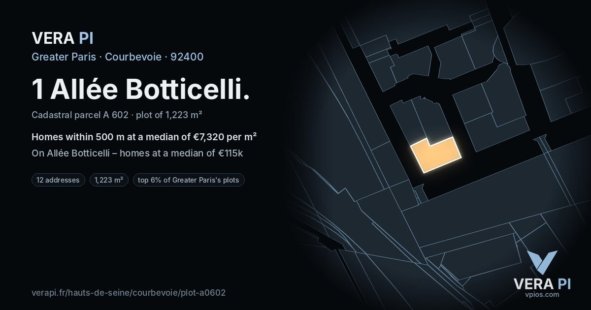 1 Allée Botticelli, Courbevoie at night – the plot lit, the parcels around coloured by the prices near them