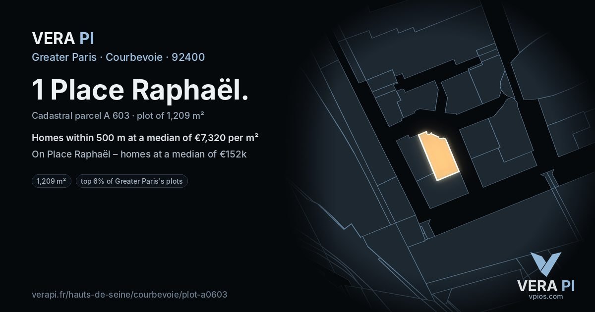 1 Place Raphaël, Courbevoie at night – the plot lit, the parcels around coloured by the prices near them