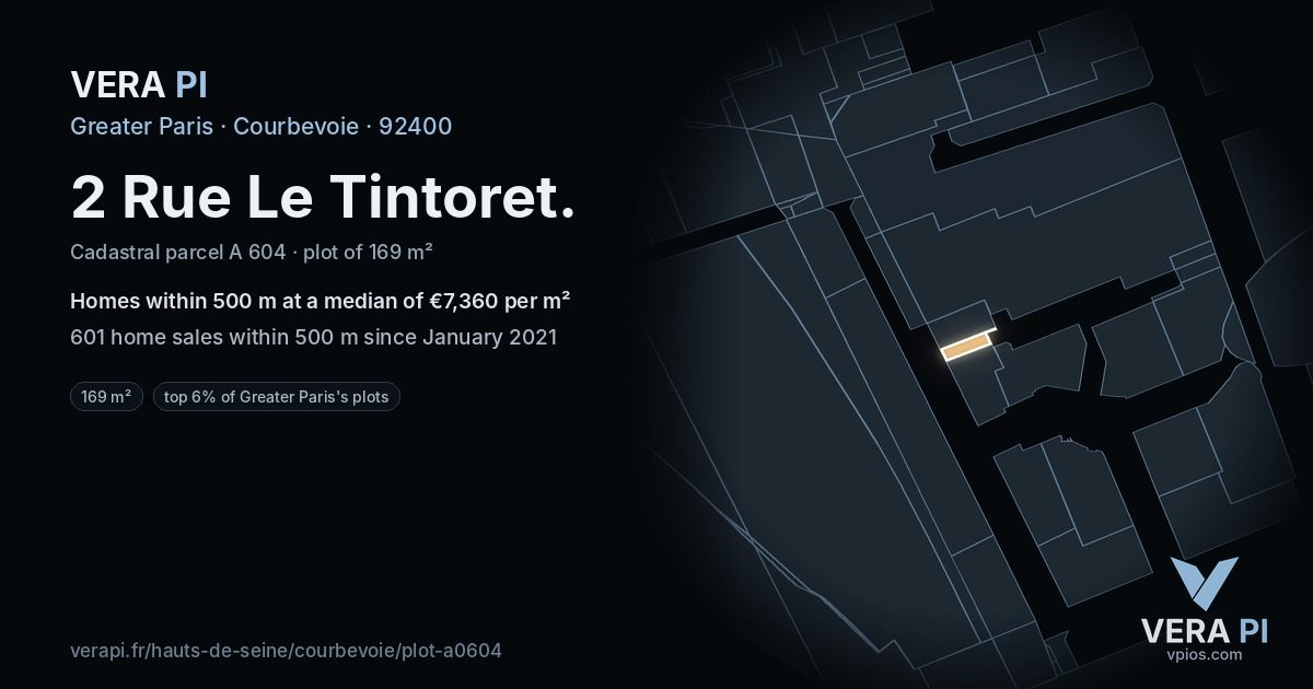2 Rue Le Tintoret, Courbevoie at night – the plot lit, the parcels around coloured by the prices near them