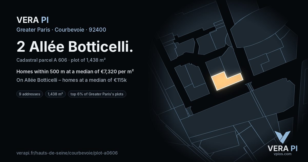 2 Allée Botticelli, Courbevoie at night – the plot lit, the parcels around coloured by the prices near them