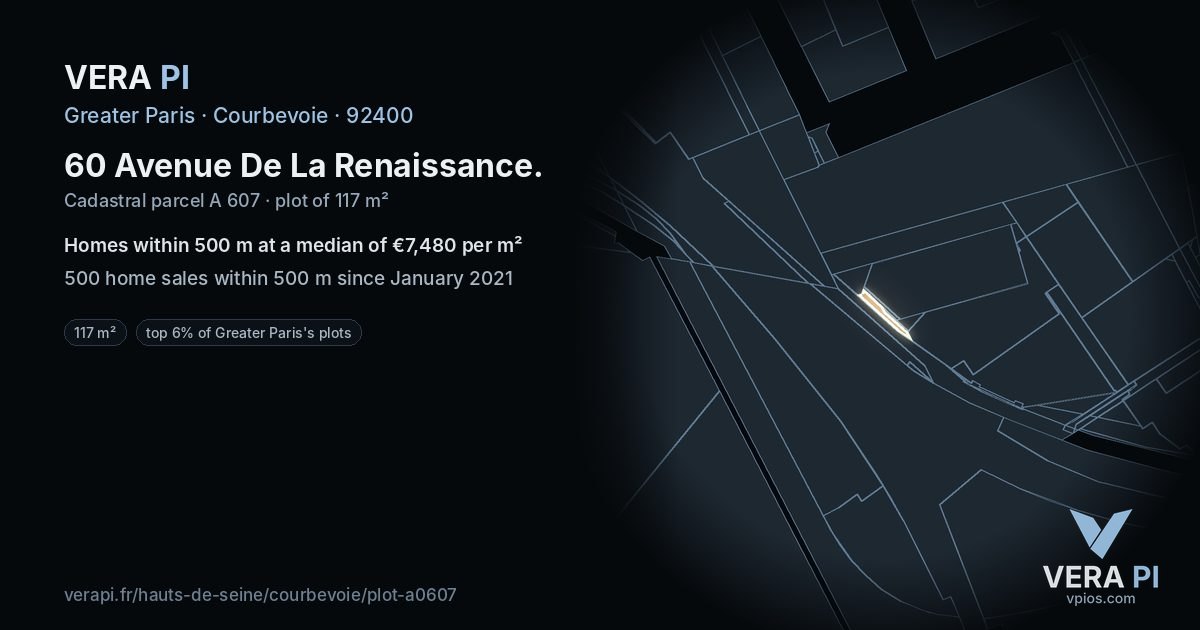 60 Avenue De La Renaissance, Courbevoie at night – the plot lit, the parcels around coloured by the prices near them
