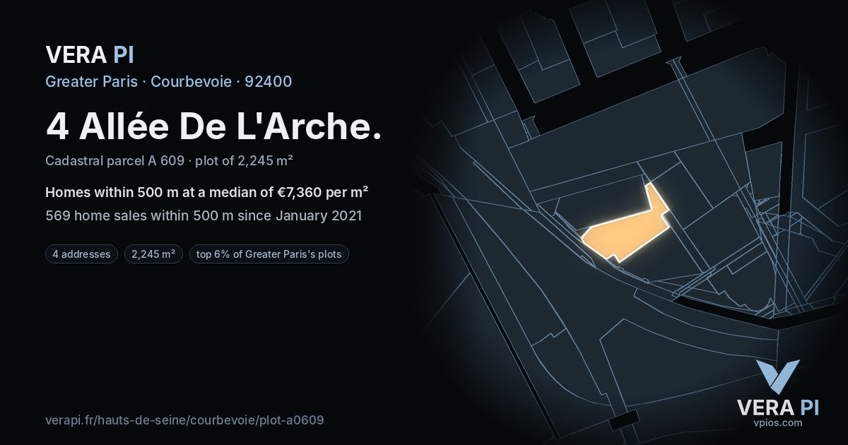 4 Allée De L'Arche, Courbevoie at night – the plot lit, the parcels around coloured by the prices near them