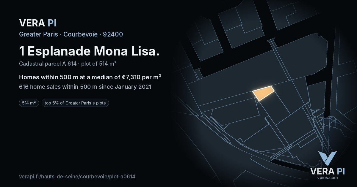 1 Esplanade Mona Lisa, Courbevoie at night – the plot lit, the parcels around coloured by the prices near them