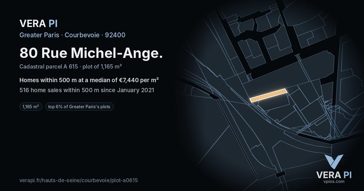 80 Rue Michel-Ange, Courbevoie at night – the plot lit, the parcels around coloured by the prices near them