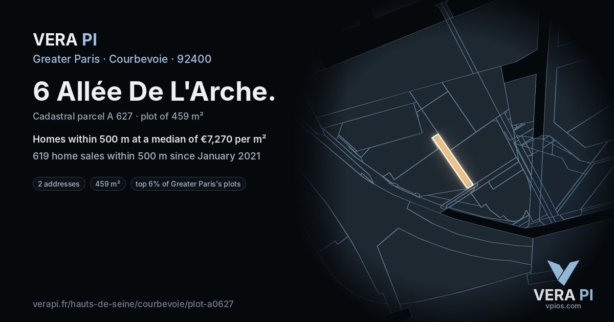 6 Allée De L'Arche, Courbevoie at night – the plot lit, the parcels around coloured by the prices near them