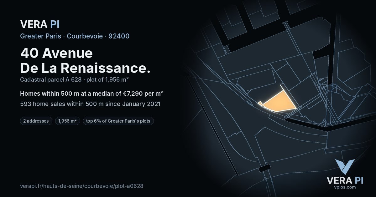 40 Avenue De La Renaissance, Courbevoie at night – the plot lit, the parcels around coloured by the prices near them