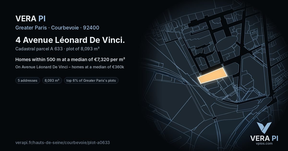 4 Avenue Léonard De Vinci, Courbevoie at night – the plot lit, the parcels around coloured by the prices near them