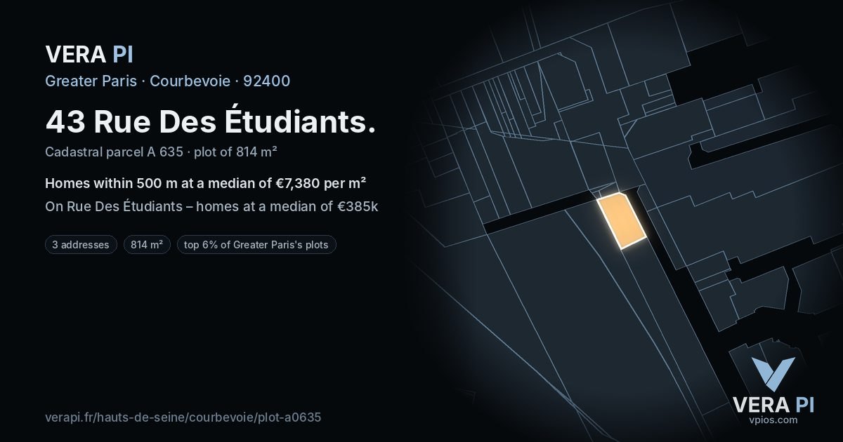 43 Rue Des Étudiants, Courbevoie at night – the plot lit, the parcels around coloured by the prices near them