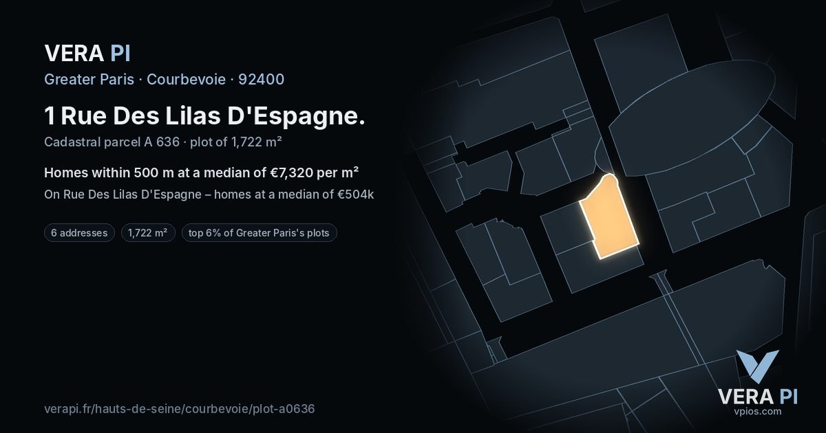 1 Rue Des Lilas D'Espagne, Courbevoie at night – the plot lit, the parcels around coloured by the prices near them