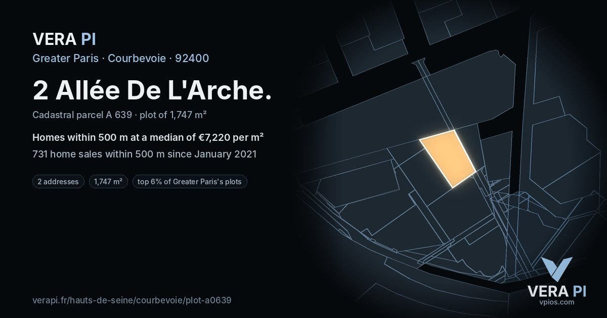 2 Allée De L'Arche, Courbevoie at night – the plot lit, the parcels around coloured by the prices near them