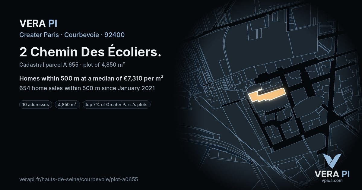 2 Chemin Des Écoliers, Courbevoie at night – the plot lit, the parcels around coloured by the prices near them