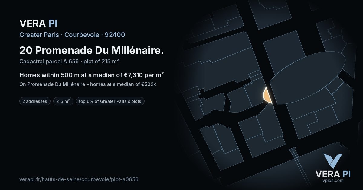 20 Promenade Du Millénaire, Courbevoie at night – the plot lit, the parcels around coloured by the prices near them