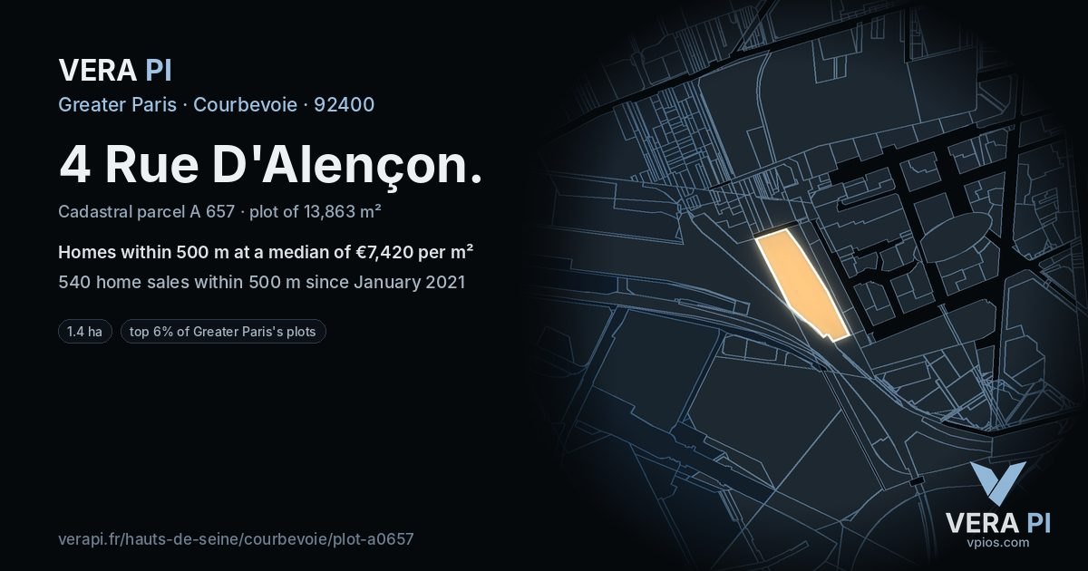 4 Rue D'Alençon, Courbevoie at night – the plot lit, the parcels around coloured by the prices near them