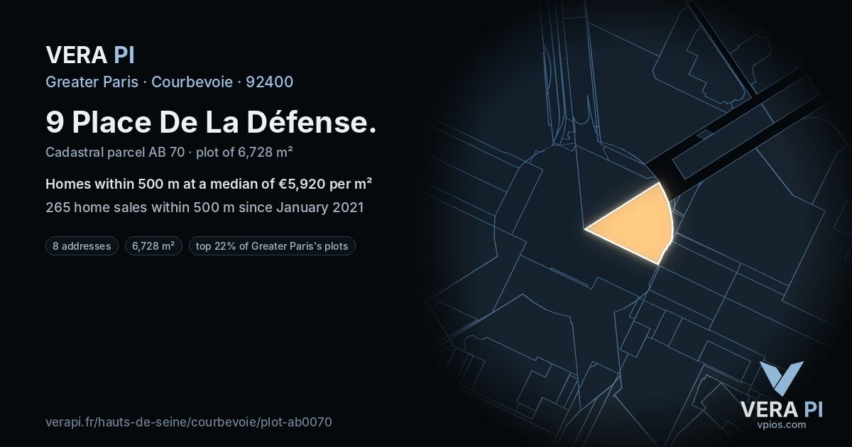9 Place De La Défense, Courbevoie at night – the plot lit, the parcels around coloured by the prices near them