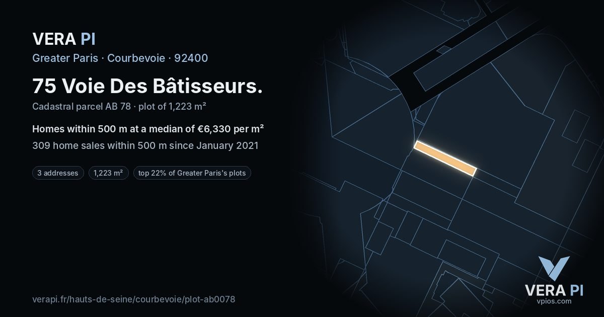 75 Voie Des Bâtisseurs, Courbevoie at night – the plot lit, the parcels around coloured by the prices near them