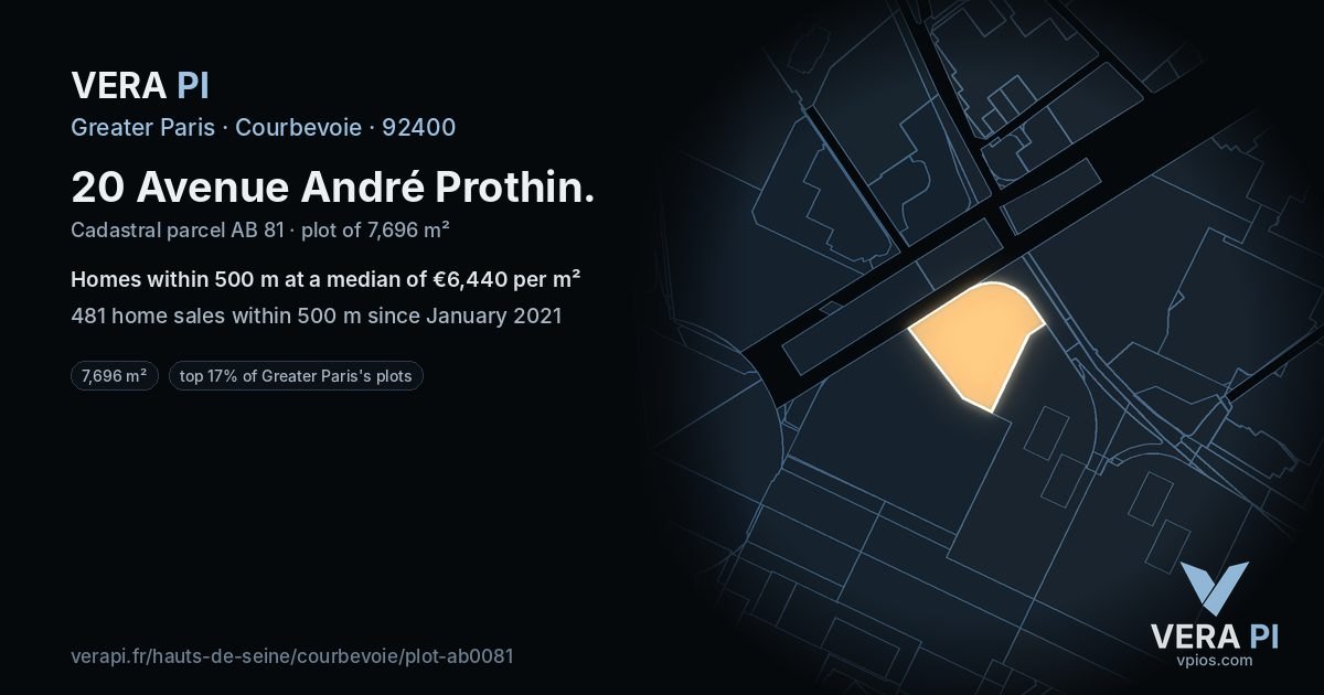 20 Avenue André Prothin, Courbevoie at night – the plot lit, the parcels around coloured by the prices near them