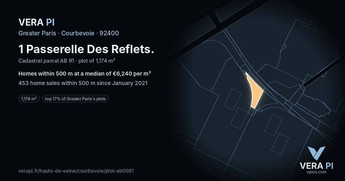 1 Passerelle Des Reflets, Courbevoie at night – the plot lit, the parcels around coloured by the prices near them