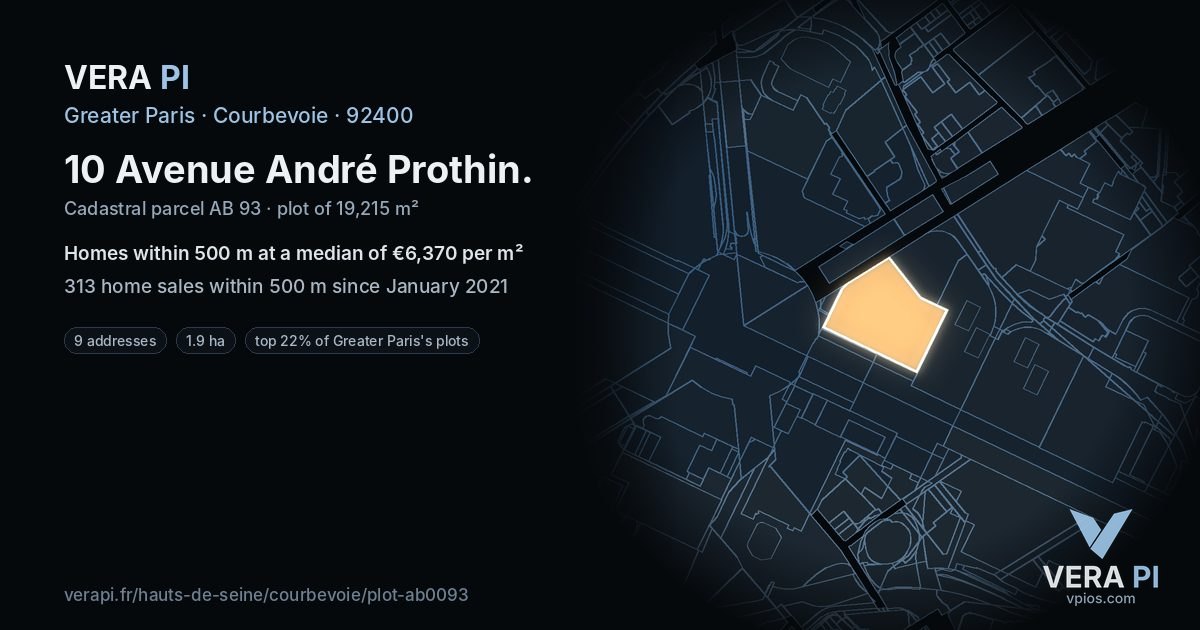 10 Avenue André Prothin, Courbevoie at night – the plot lit, the parcels around coloured by the prices near them