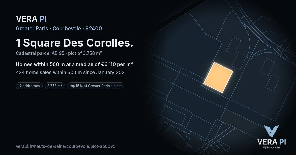 1 Square Des Corolles, Courbevoie at night – the plot lit, the parcels around coloured by the prices near them