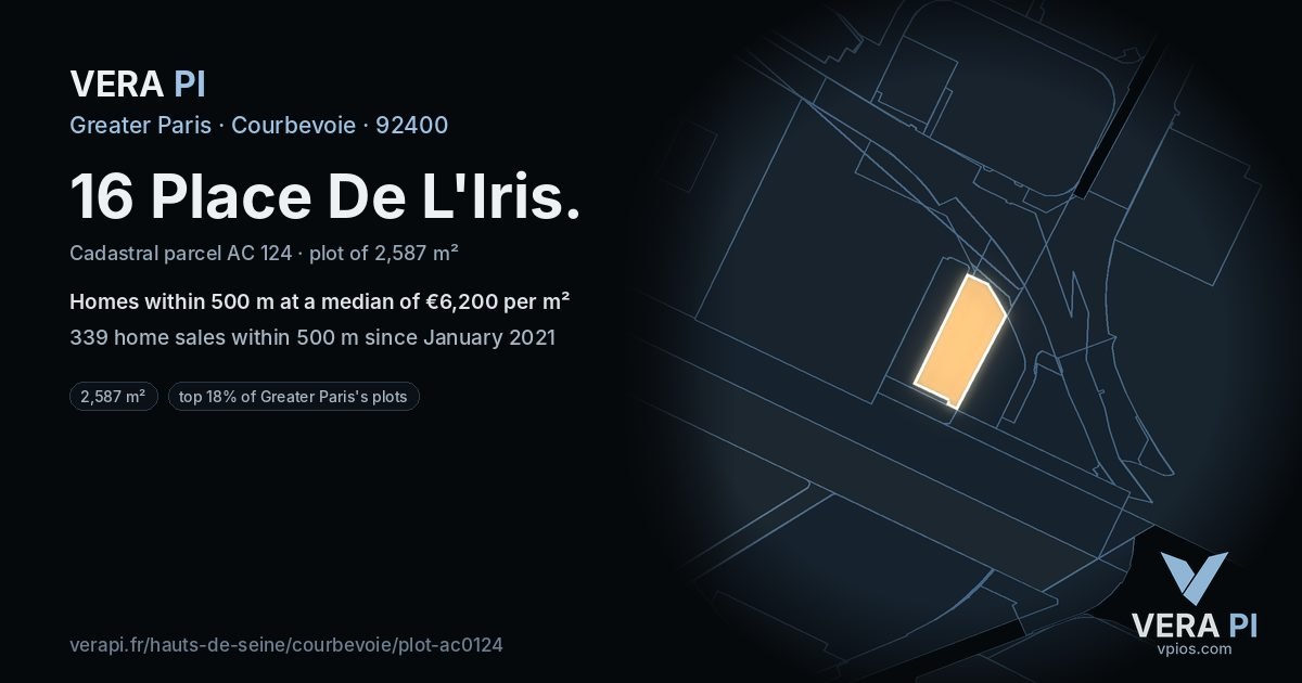 16 Place De L'Iris, Courbevoie at night – the plot lit, the parcels around coloured by the prices near them