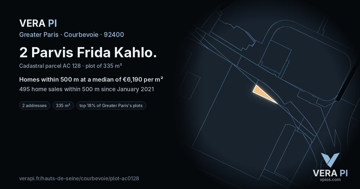 2 Parvis Frida Kahlo, Courbevoie at night – the plot lit, the parcels around coloured by the prices near them