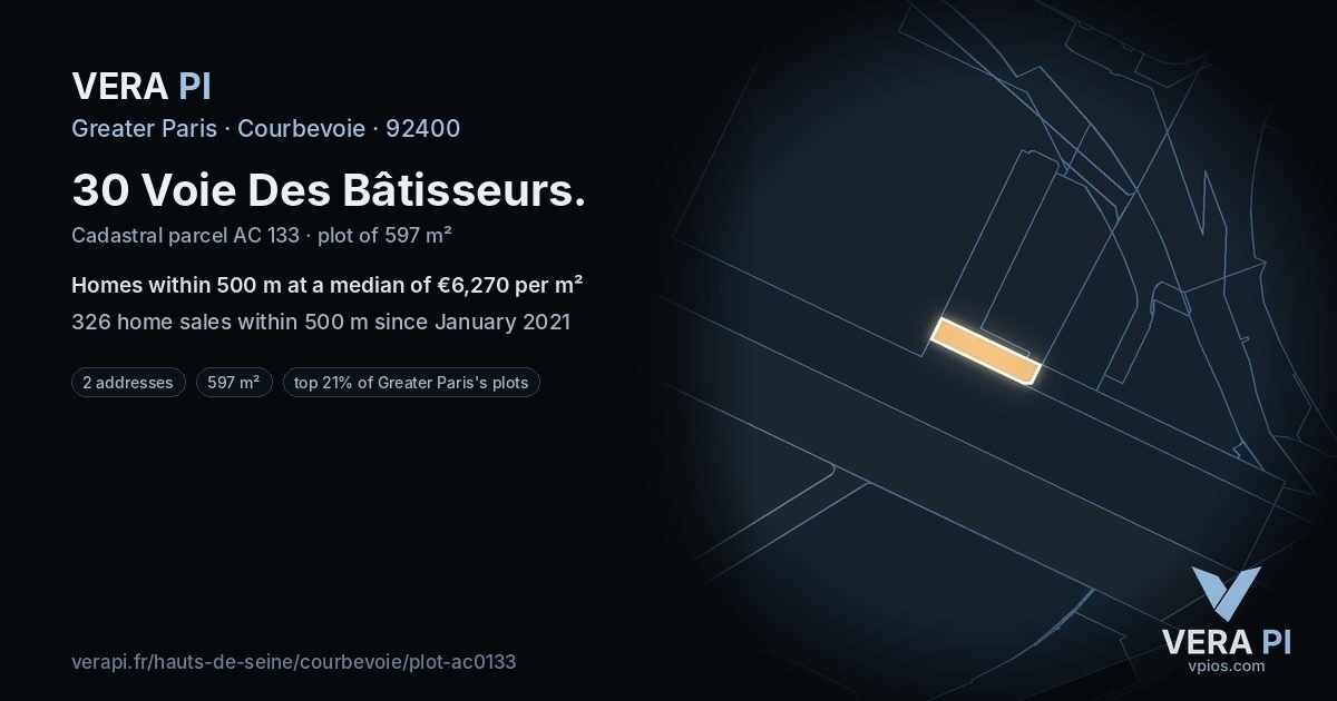 30 Voie Des Bâtisseurs, Courbevoie at night – the plot lit, the parcels around coloured by the prices near them