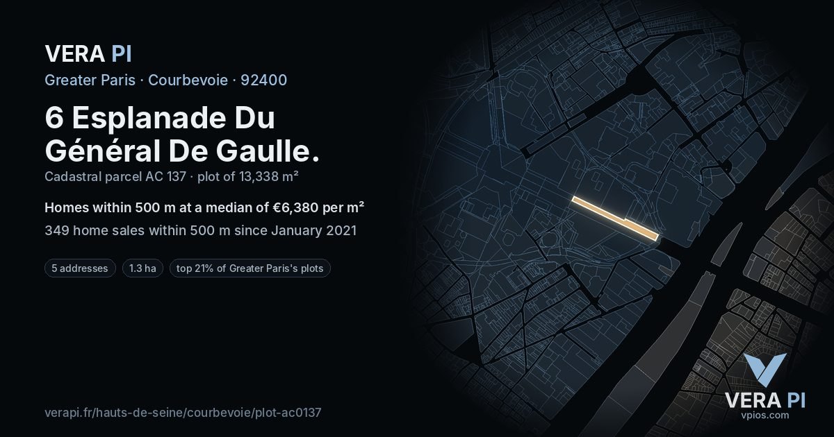 6 Esplanade Du Général De Gaulle, Courbevoie at night – the plot lit, the parcels around coloured by the prices near them