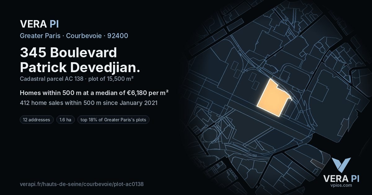 345 Boulevard Patrick Devedjian, Courbevoie at night – the plot lit, the parcels around coloured by the prices near them