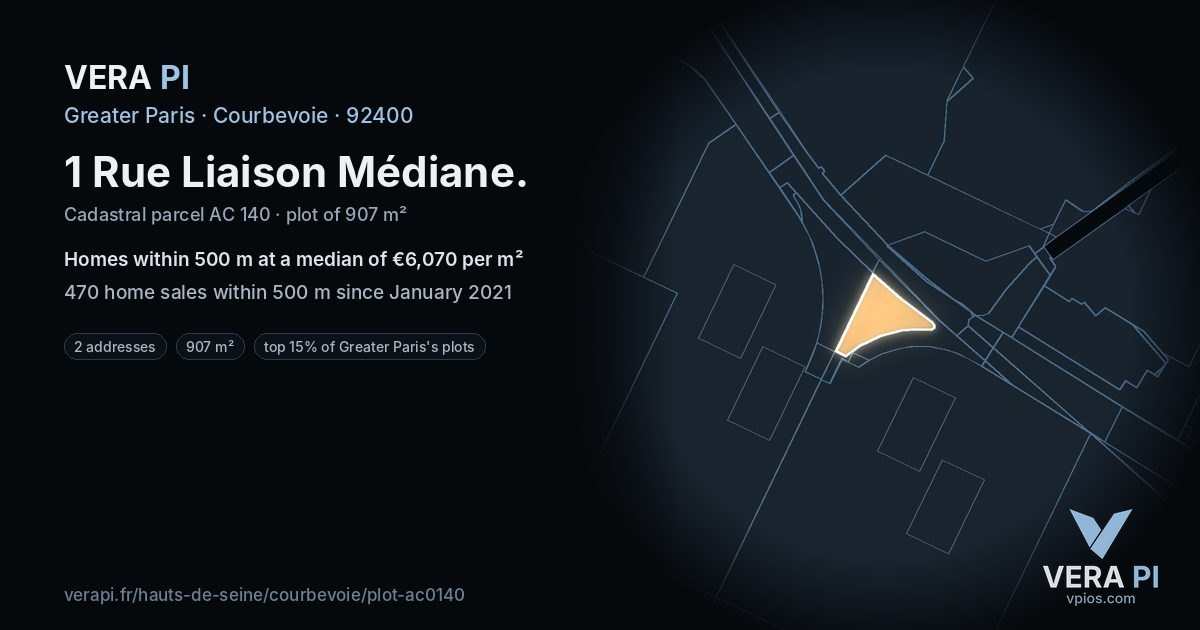 1 Rue Liaison Médiane, Courbevoie at night – the plot lit, the parcels around coloured by the prices near them