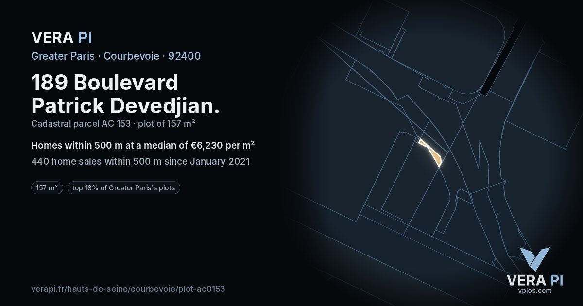 189 Boulevard Patrick Devedjian, Courbevoie at night – the plot lit, the parcels around coloured by the prices near them