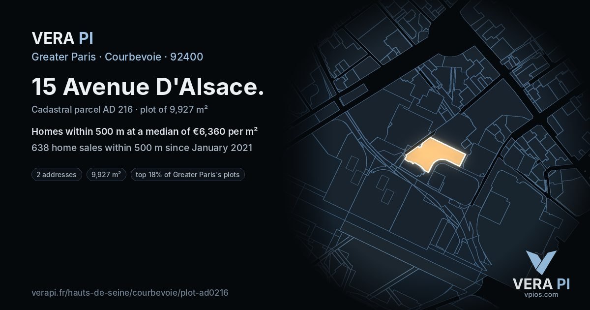15 Avenue D'Alsace, Courbevoie at night – the plot lit, the parcels around coloured by the prices near them