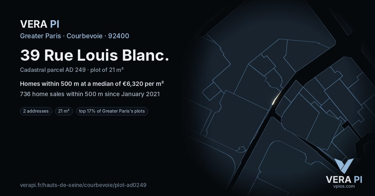 39 Rue Louis Blanc, Courbevoie at night – the plot lit, the parcels around coloured by the prices near them