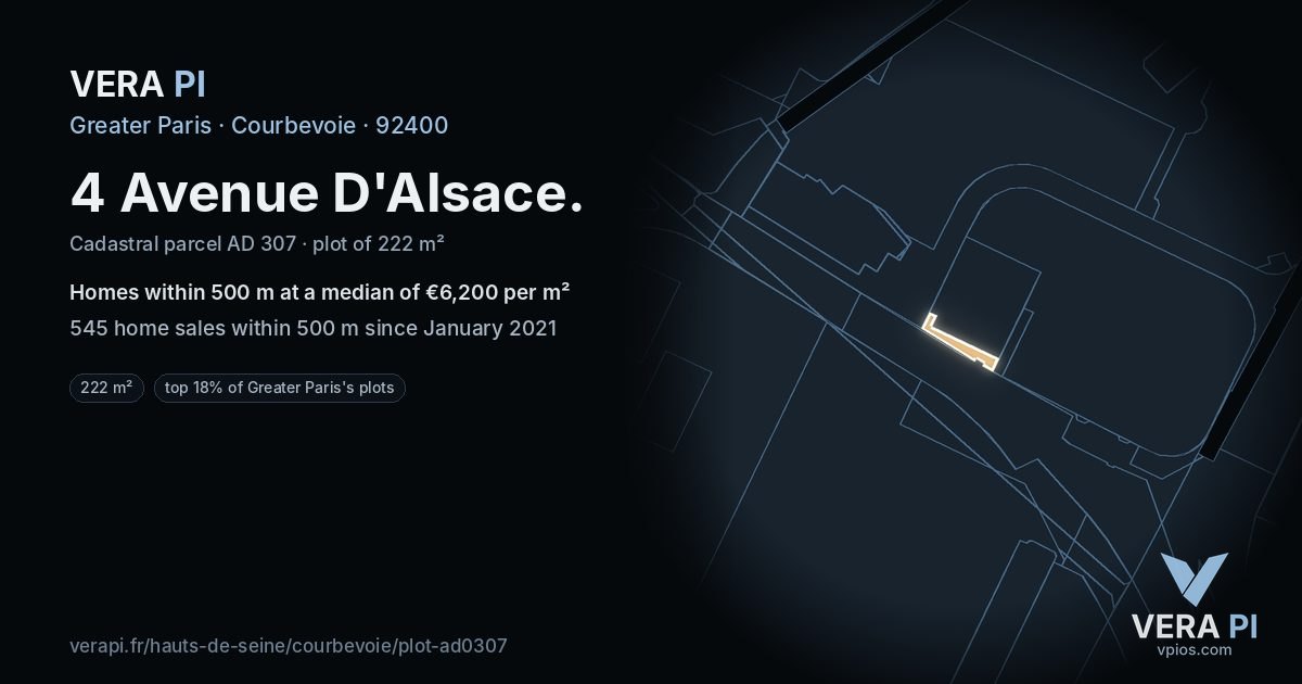 4 Avenue D'Alsace, Courbevoie at night – the plot lit, the parcels around coloured by the prices near them