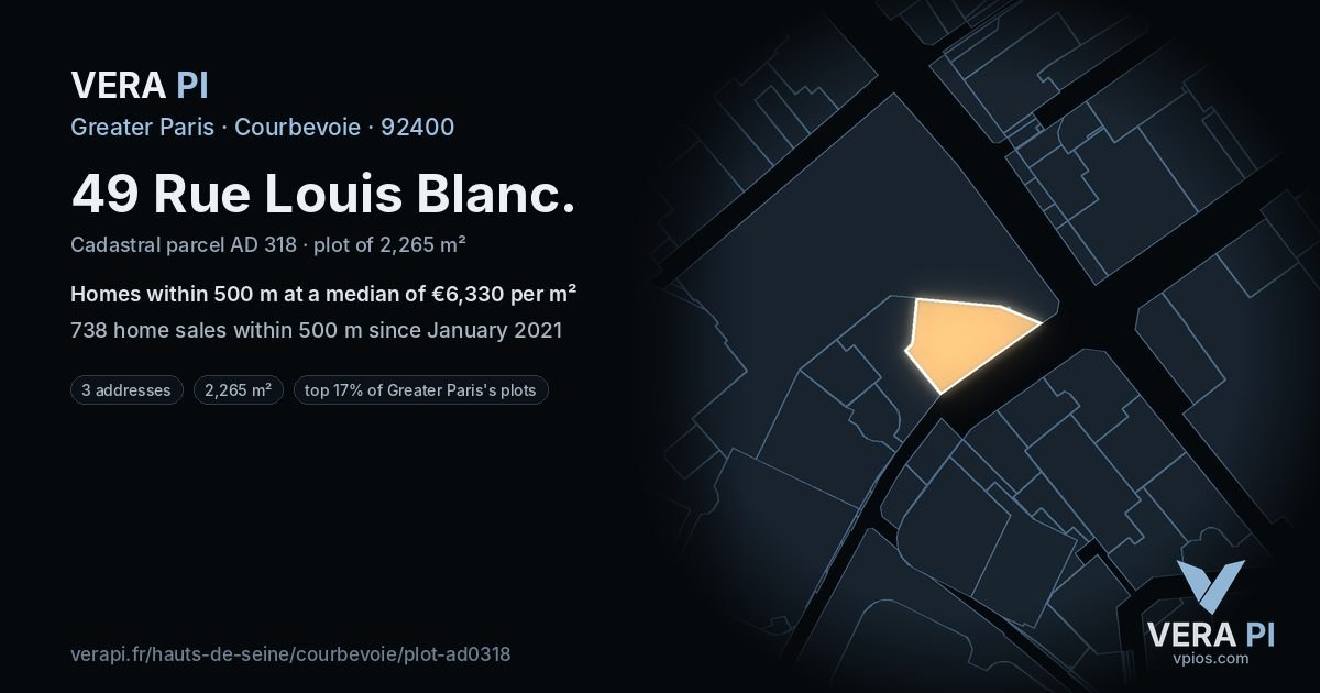 49 Rue Louis Blanc, Courbevoie at night – the plot lit, the parcels around coloured by the prices near them