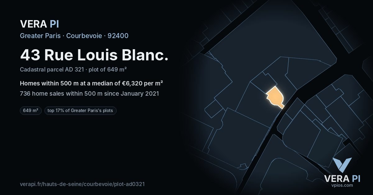 43 Rue Louis Blanc, Courbevoie at night – the plot lit, the parcels around coloured by the prices near them