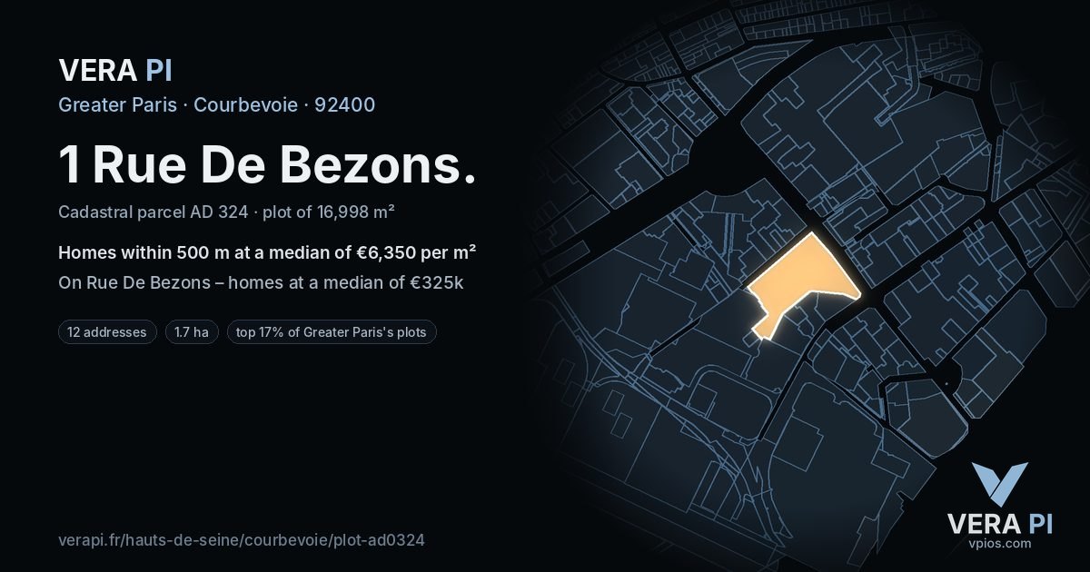 1 Rue De Bezons, Courbevoie at night – the plot lit, the parcels around coloured by the prices near them